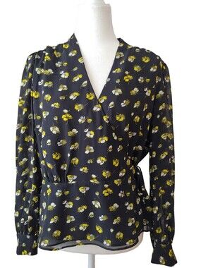Banana Republic Black Floral Wrap-Style Top Women's Petite Large